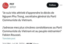 Les condoléances du chef du Parti communiste français, Fabien Roussel, à la page X du Parti communiste français. Photo : VNA.
