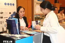 Vu Thi Thuy, consule générale adjointe du Vietnam et cheffe du Bureau commercial du Vietnam à Hong Kong et à Macao (Chine), présente des potentiels du Vietnam à une visiteuse. Photo : VNA.
