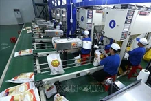 Emballage du riz destiné à l'exportation dans l'usine de la société par actions de l'agriculture de haute technologie Trung An, ville de Can Tho. Photo d'archives: VNA