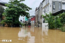 La ville de Yên transformée en lac trouble et boueux après le passage du typhon Yagi et des inondations qui ont suivi, le 10 septembre. Photo: VNA