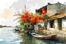 Un petit bateau panier ancré.