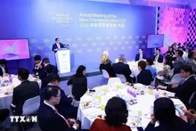 Le PM Pham Minh Chinh dialogue avec les grands groupes du WEF à Dalian. Photo : VNA.