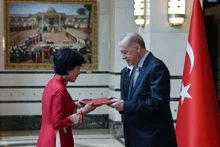 L’ambassadrice du Vietnam en Turquie, Dang Thi Thu Hà, présente ses lettres de créance au président turc, Recep Tayyip Erdogan. Photo : VNA