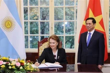 Le ministre vietnamien des Affaires étrangères, Bùi Thanh Son (à droite), et la ministre argentine des Affaires étrangères, du Commerce international et du Culte, Diana Elena Mondino. Photo : VNA.