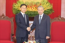Le secrétaire général du PCV et président vietnamien Tô Lâm (à droite) et le membre du Comité central du PCC et secrétaire du Comité du PCC de la région autonome Zhuang du Guangxi, Liu Ning, le 28 août, à Hanoi. Photo : VNA.