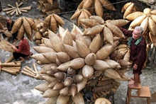 Les anciens du village de Thu Si, Hung Yen, tricotent des "đó" en bambou. Aujourd'hui, les đó sont rarement utilisés dans la pêche industrielle, mais l'artisanat traditionnel du tissage est toujours préservé en tant que forme d'art local. 
