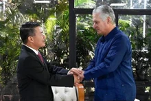 Le premier secrétaire-président cubain Miguel Díaz-Canel Bermúdez et l'ambassadeur vietnamien Lê Thanh Tùng (à gauche). Photo : VNA.