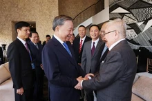 Le Secrétaire général du Comité central (CC) du Parti communiste du Vietnam (PCV), Président du Vietnam, To Lam (à cravatte bleue foncée) rerencontre un groupe d'intellectuels vietnamiens à Houston, aux États-Unis. Photo : VNA.