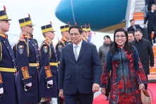 Le Premier ministre Pham Minh Chinh et son épouse à leur arrivée à Bucarest, le 20 janvier. Photo : VNA.