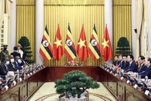 Le Président Nguyên Xuân Phuc s'entretient à Hanoi avec son homologue ougandais Yoweri Kaguta Museveni, en visite officielle au Vietnam. Photo : VNA.