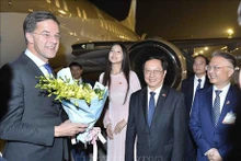 Le ministre des Sciences et des Technologie, Huynh Thành Dat, et l'ambassadeur du Vietnam aux Pays-Bas, Ngô Huong Nam, accueillent le Premier ministre néerlandais, Mark Rutte (au Vietnam), à l'aéroport international de Nôi Bài. Photo : VNA.