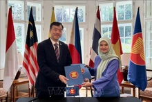 L’ambassadeur du Vietnam en République tchèque, Duong Hoai Nam, reçoit la présidence tournante du Comité de l'ASEAN en République tchèque (ACP), transférée par l’ambassadrice de Malaisie, Suzilah Mohd Sidek. Photo : VNA.