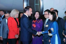 Le président français Emmanuel Macron et son épouse ont été accueillis à l'aéroport international de Noi Bai par des responsables vietnamiens. Photo : VNA.