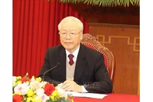 Le Secrétaire général Nguyên Phu Trong lors de son entretien par visioconférence avec le Président américain, Joe Biden, le 29 mars 2023. Photo : VNA.
