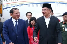 Le ministre de la Culture, des Sports et du Tourisme Nguyen Van Hung accueille le Premier ministre malaisien Anwar Ibrahim à l'aéroport international de Noi Bai. Photo: VNA