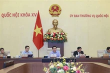 Le Président de l'Assemblée nationale, Vuong Dinh Huê (au milieu), lors de la séance. Photo : VNA.