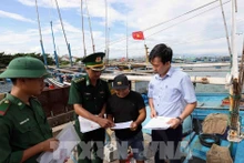 Des gardes-frontières de la province de Binh Dinh inspectent les bateaux de pêche. Photo : VNA.