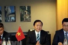 Le vice-PM Tran Hong Ha (au centre) lors d’un entretien. Photo : VNA.