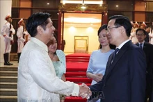 Le Président vietnamien Vo Van Thuong (à droite) et son épouse font leur adieu au président philippin Ferdinand Romualdez Marcos Jr. et à l’épouse de celui-ci, à Hanoi, le 30 janvier. Photo : VNA.