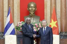 Le Secrétaire général du Comité central du Parti communiste du Vietnam et Président To Lam (droite) reçoit le président de l'Assemblée nationale du Pouvoir populaire et du Conseil d'État de Cuba, Esteban Lazo Hernández. Photo : VNA.