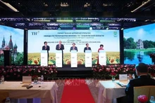 Des représentants du monde des affaires qui appuyent sur le bouton pour démarrer l’usine. Photo : VNA.