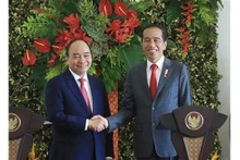 Le Président vietnamien, Nguyên Xuân Phuc (à gauche), et son homologue indonésien, Joko Widodo, lors de la rencontre avec la presse, à l’issue de leur entretien, à Jakarta, le 22 décembre. Photo : VNA.