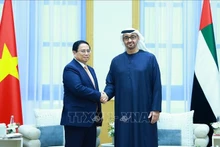 Le Premier ministre vietnamien Pham Minh Chinh (à gauche) s'entretient avec le président des Émirats arabes unis (EAU), Mohamed ben Zayed Al Nahyan. Photo : VNA.