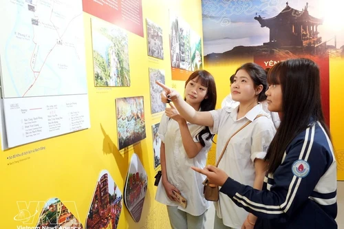 Des jeunes contemplent des oeuvres exposées lors de l'exposition thématique. Photo: VNA