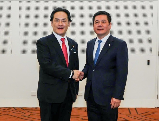 Le ministre vietnamien de l&apos;Industrie et du Commerce, Nguyên Hông Diên (droite) et le ministre d&apos;État au Cabinet du Japon, Kazuchika Iwata. Photo: VNA