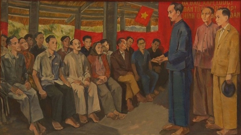 Le président Ho Chi Minh s’adressant aux délégués du Congrès national à la maison communale de Tan Trao. (Huile sur toile de l’artiste Cao Thuong) image-9.jpg