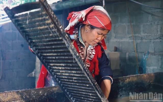 Les femmes Nùng réalisent la phase d’enduction, qui exige habileté et précision pour obtenir des feuilles lisses, régulières et intactes. Photo : nhandan.vn trang-giay-dao.jpg