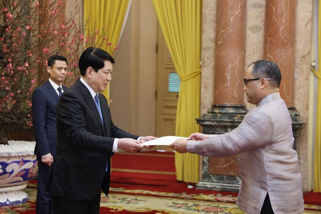 Le président de la République, Luong Cuong (droite), reçoit l'ambassadeur des Philippines au Vietnam, Francisco Noel R. Fernandez III. Photo: VNA