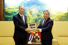 Le secrétaire du Comité provincial du Parti, Vu Dai Thang (à droite), et l'ambassadeur de Cuba au Vietnam, Rogelio Polanco Fuentes, lors de leur rencontre le 13 octobre. Photo : VNA.