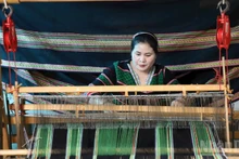 L’artisane H’Binh, au village N’Jieng, quartier de Dong Gia Nghia, s’emploie avec assiduité à préserver et à transmettre le tissage traditionnel de brocart du peuple Ma. Photo : NDEL.