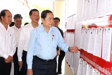 Le président de l'Assemblée nationale, Tran Thanh Man, inspecte les préparatifs électoraux dans le quartier de Tan Trieu. Photo : NDEL.