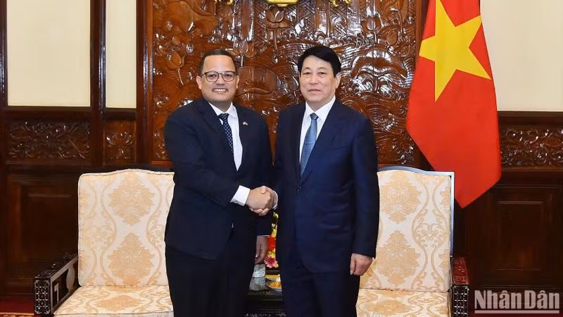 Le président Luong Cuong (à droite) reçoit l'ambassadeur de la République dominicaine au Vietnam, Jaime Francisco Rodriguez, à l'occasion de la fin de son mandat. Photo : NDEL.