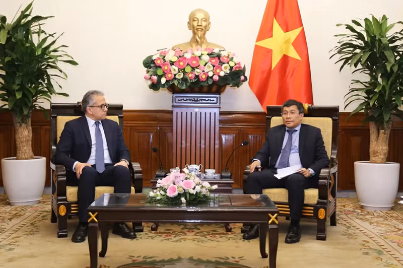 Le vice-ministre permanent des Affaires étrangères, président de la Commission nationale vietnamienne de l'UNESCO, Nguyen Minh Vu (droite) et Khaled El-Enany, ancien ministre égyptien du Tourisme et des Antiquités, candidat au poste de Directeur général de l’UNESCO pour le mandat 2025-2029. Photo : Baoquocte.
