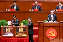 Des délégués votent pour l'élection du Comité central du Parti communiste du Vietnam du XIVe mandat. Photo : NDEL.