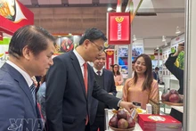 L’ambassadeur du Vietnam au Japon, Pham Quang Hieu, visite un stand présentant des fruits vietnamiens. Photo : VNA.