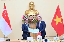 Le ministre de l’Industrie et du Commerce, Nguyen Hong Dien (gauche), et Tan See Leng, ministre chargé de l’Énergie ainsi que des Sciences et Technologies au sein du ministère du Commerce et de l’Industrie (MTI) de Singapour. Photo : NDEL.