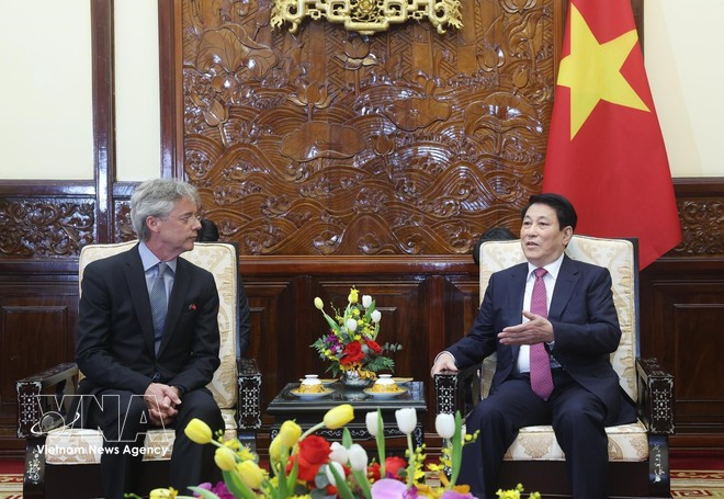 Le président de la République, Luong Cuong (droite) et Jean-François Harvey, premier ambassadeur de la Dominique au Vietnam. Photo: VNA