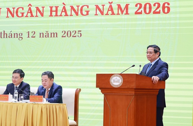 Le Premier ministre Pham Minh Chinh à la conférence de la Banque d’État du Vietnam (State Bank of Vietnam - SBV), consacrée au bilan de l’année 2025 et au lancement des missions pour 2026. Photo: VNA