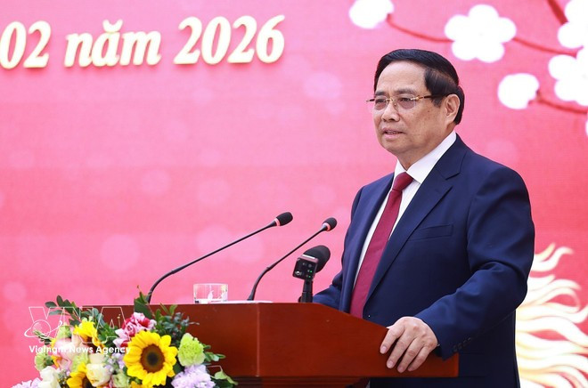 Le Premier ministre Pham Minh Chinh s'exprime à la séance de travail avec l'Académie des sciences sociales du Vietnam. Photo: VNA