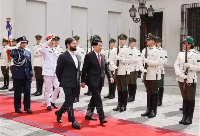 Le président vietnamien Luong Cuong et son homologue chilien Gabriel Boric Font inspectent la garde d'honneur lors de la cérémonie de bienvenue organisée en son honneur, à Santiago, le 11 novembre. Photo : VNA.
