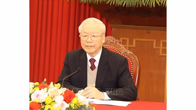 Le Secrétaire général Nguyên Phu Trong lors de son entretien par visioconférence avec le Président américain, Joe Biden, le 29 mars 2023. Photo : VNA.