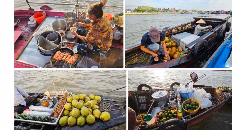 Des bateaux remplis de spécialités locales servent les touristes. Photo : Toquoc.vn Des bateaux remplis de spécialités locales servent les touristes. Photo : Toquoc.vn