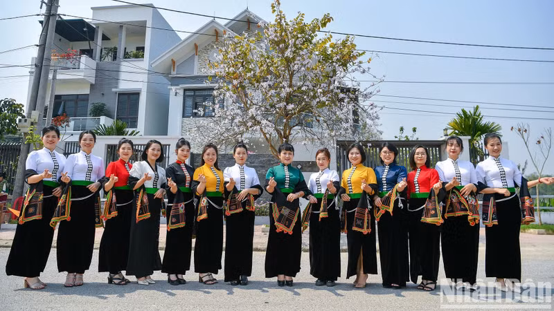 Des filles vêtues du costume du groupe ethnique Thái et des fleurs de bauhinie. Photo: Nhandan.vn Des filles vêtues du costume du groupe ethnique Thái et des fleurs de bauhinie. Photo: Nhandan.vn