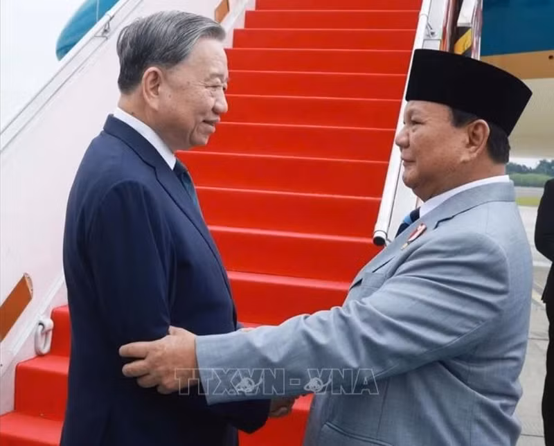 Le président Prabowo Subianto fait ses adieux au secrétaire général du Parti communiste du Vietnam, Tô Lâm. Photo : VNA.