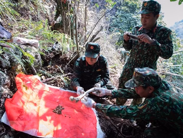 Rassemblement de restes de soldats morts au champs de bataille de Vi Xuyên. Photo : VNA.