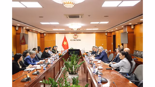 La vue générale de la séance de travail entre le vice-ministre de l’Industrie et du Commerce, Nguyên Sinh Nhât Tân et la délégation allemande. Photo : tapchicongthuong.vn